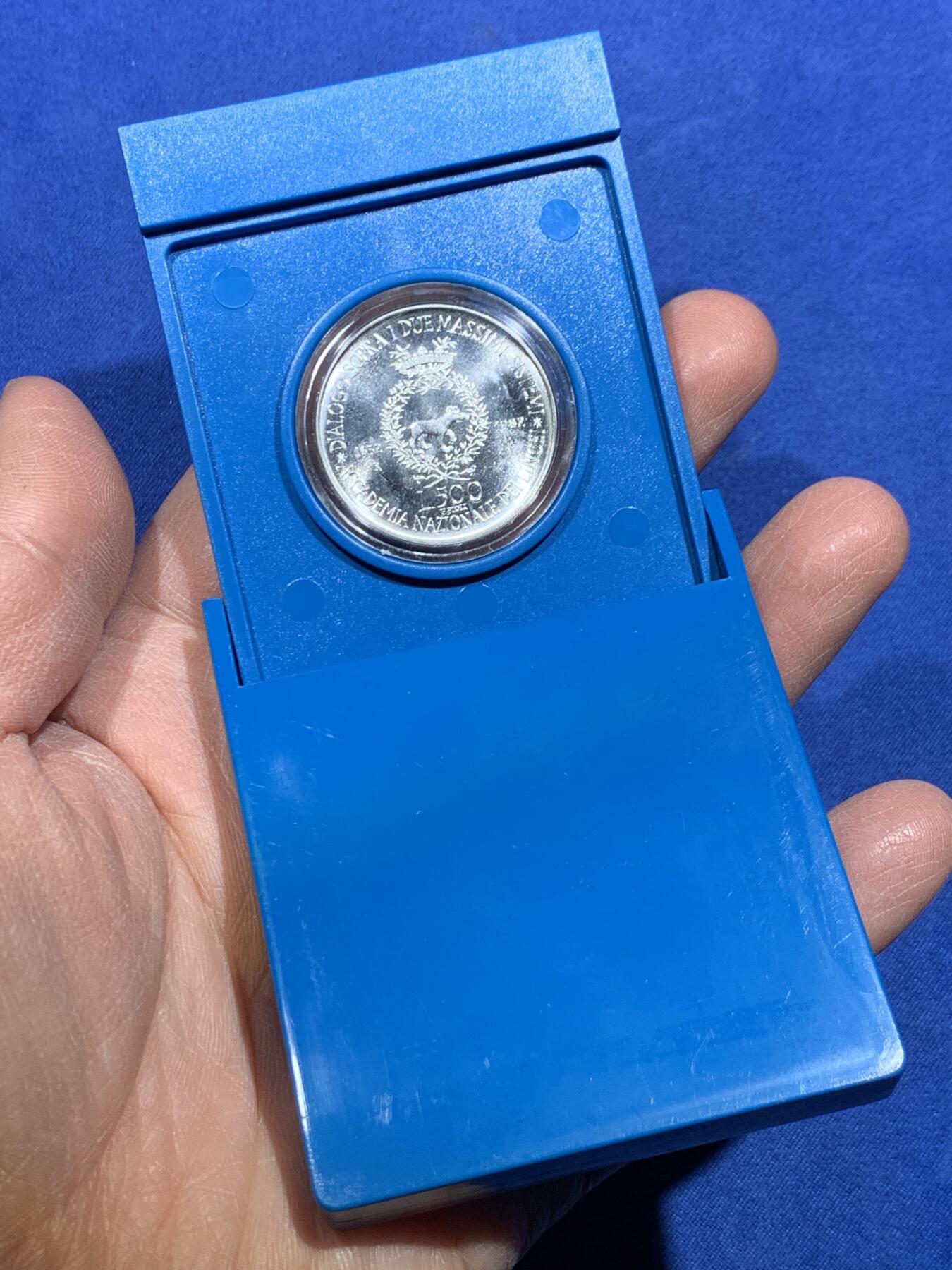 《竞宝斋》第356场 周日，周一  2场连拍 （全场包邮） 意大利 1982年 纪念著名人物伽利略 500里拉 银币 盒证全