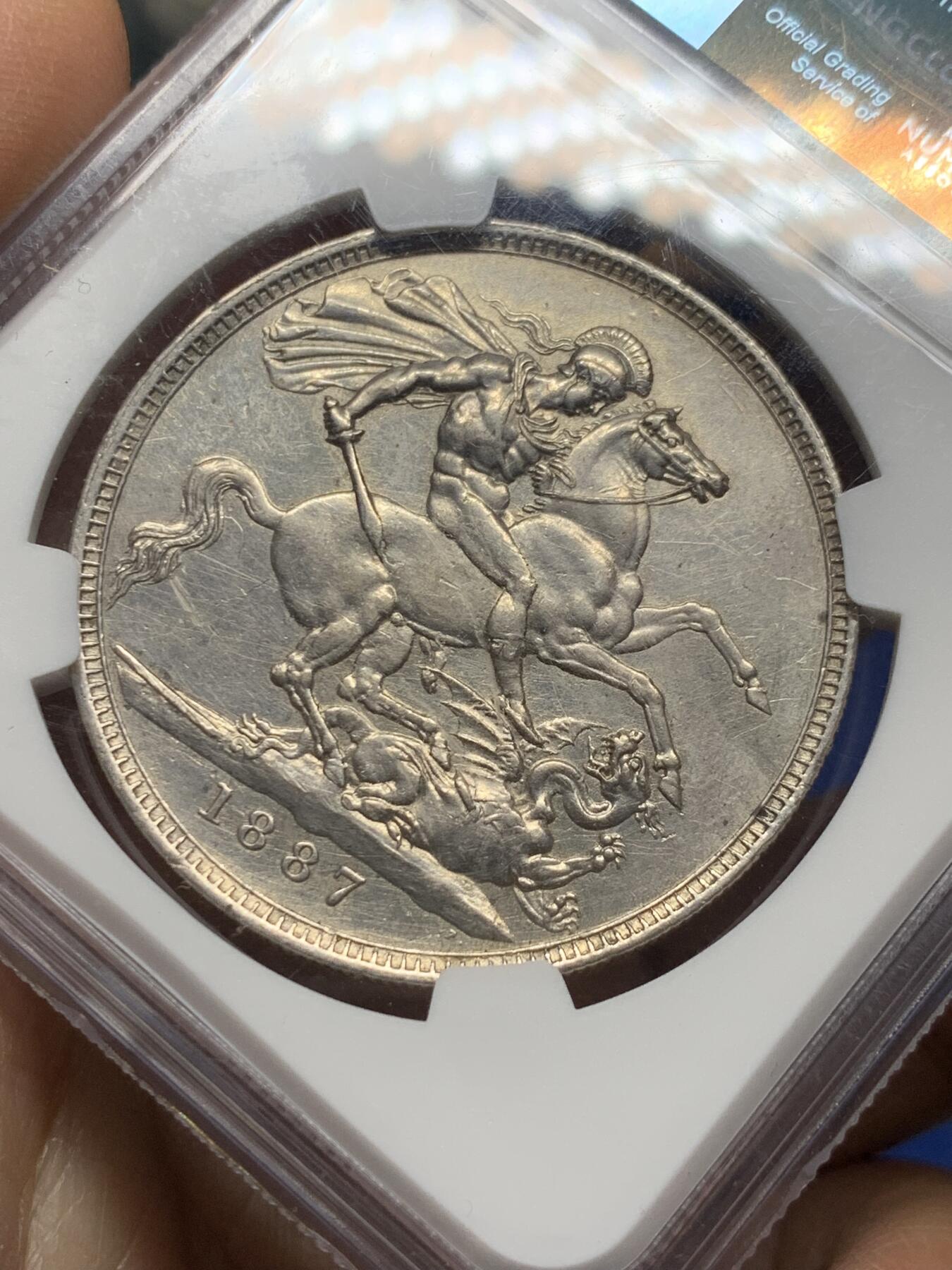 《竞宝斋》第356场 周日，周一  2场连拍 （全场包邮） NGC AUD 英国1887年维多利亚马剑银币，正反面高点俱在，压力感十足。