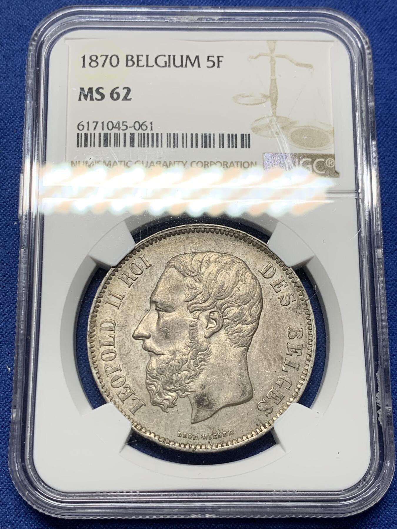 《竞宝斋》第356场 周日，周一  2场连拍 （全场包邮） NGC MS62 比利时1870年利奥波德二世5法郎银币 上MS62的现在也很少见了，年份也不错。