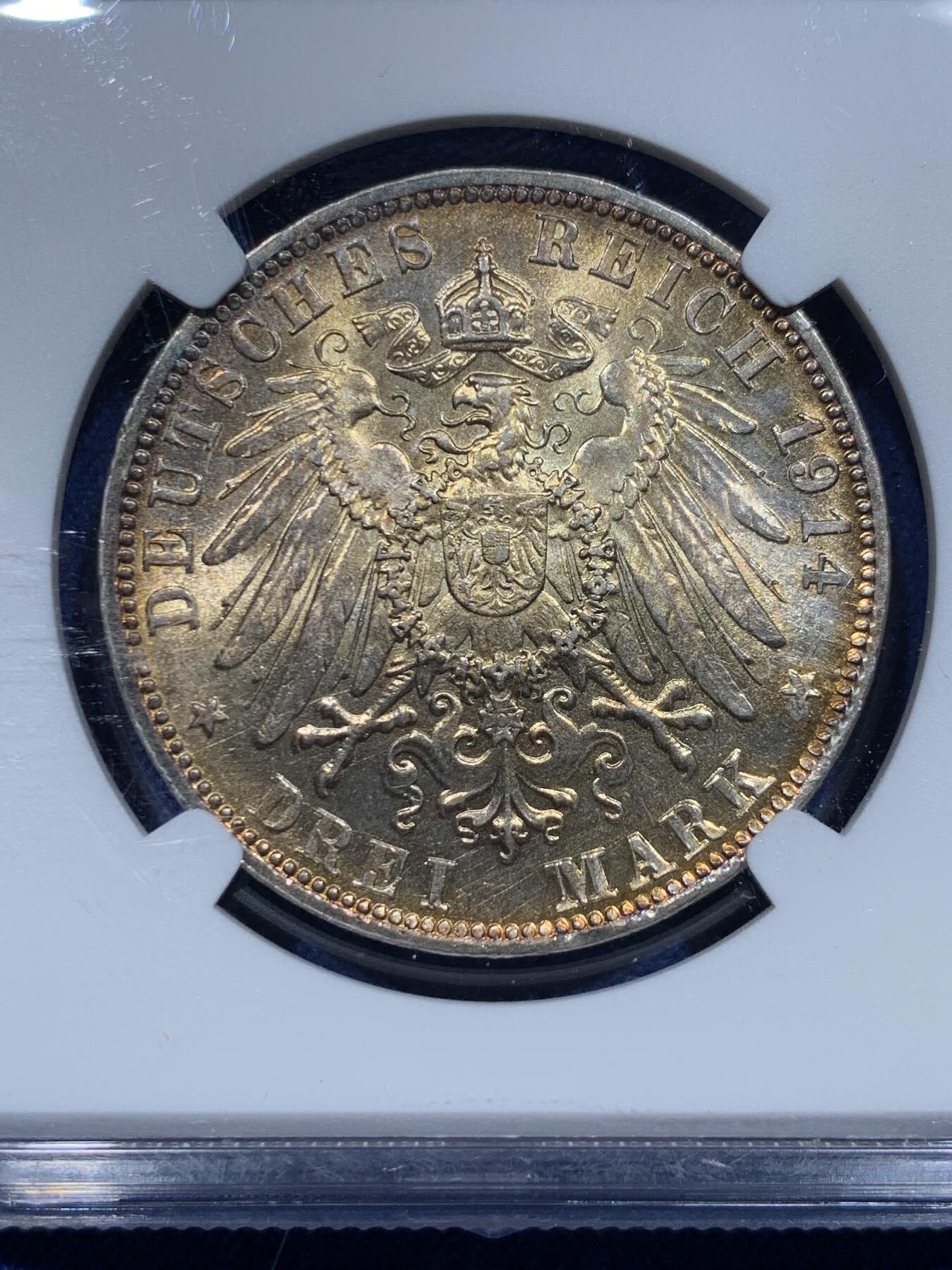 《竞宝斋》第356场 周日，周一  2场连拍 （全场包邮） NGC MS62 德国巴伐利亚1914年路德维希3马克银币