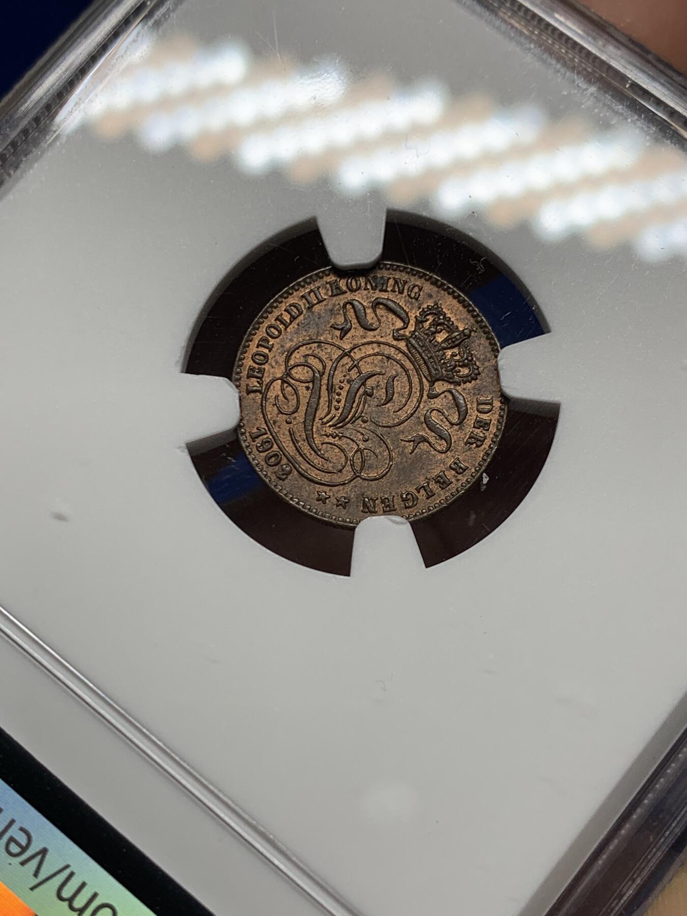 《竞宝斋》第356场 周日，周一  2场连拍 （全场包邮） 冠军分 NGC MS62BN 比利时 1902/1 骑字版 狮子1分 铜币