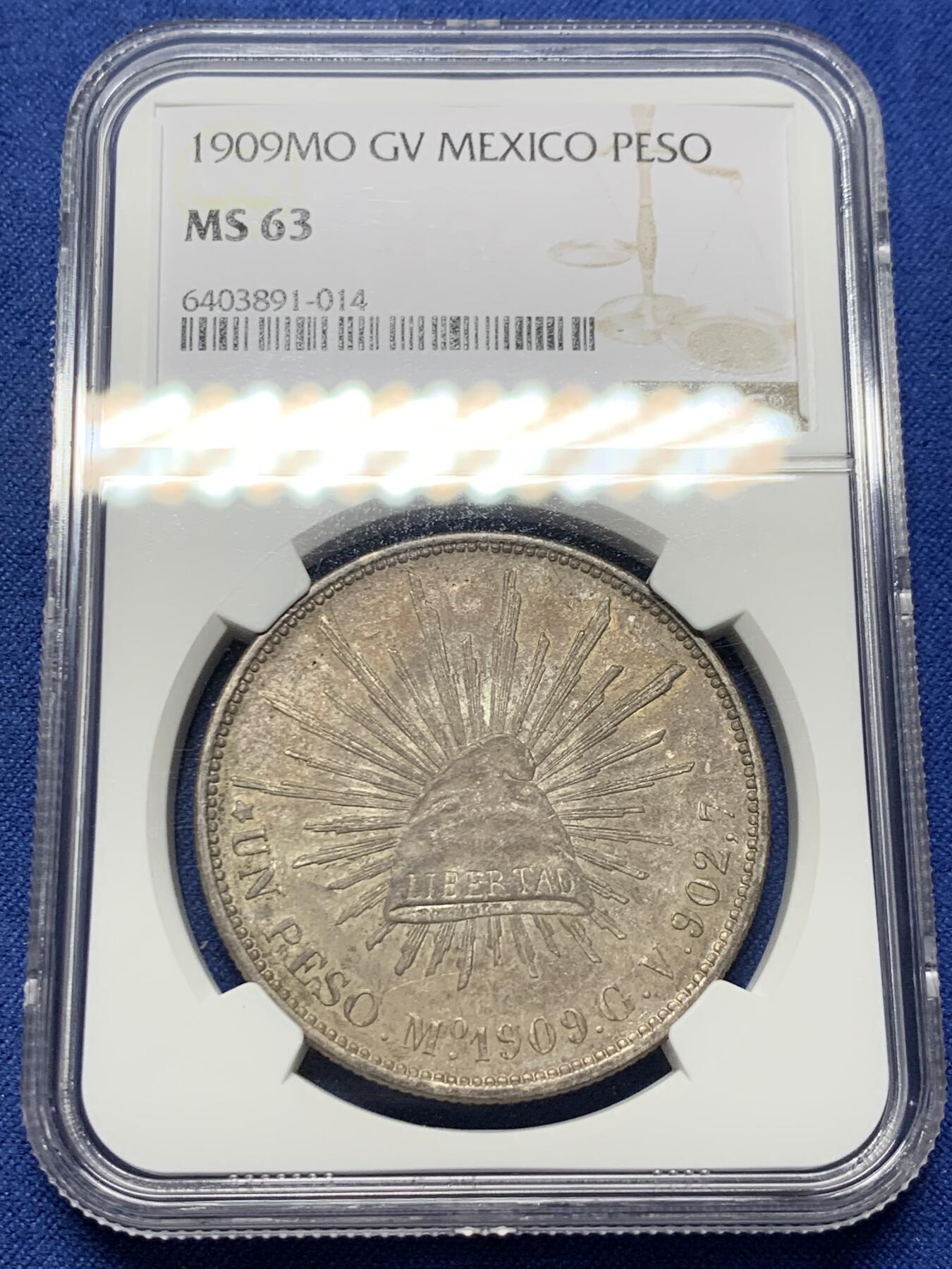 《竞宝斋》第356场 周日，周一  2场连拍 （全场包邮） NGC MS63 墨西哥1909年直边鹰洋 非白币 少见原味高分