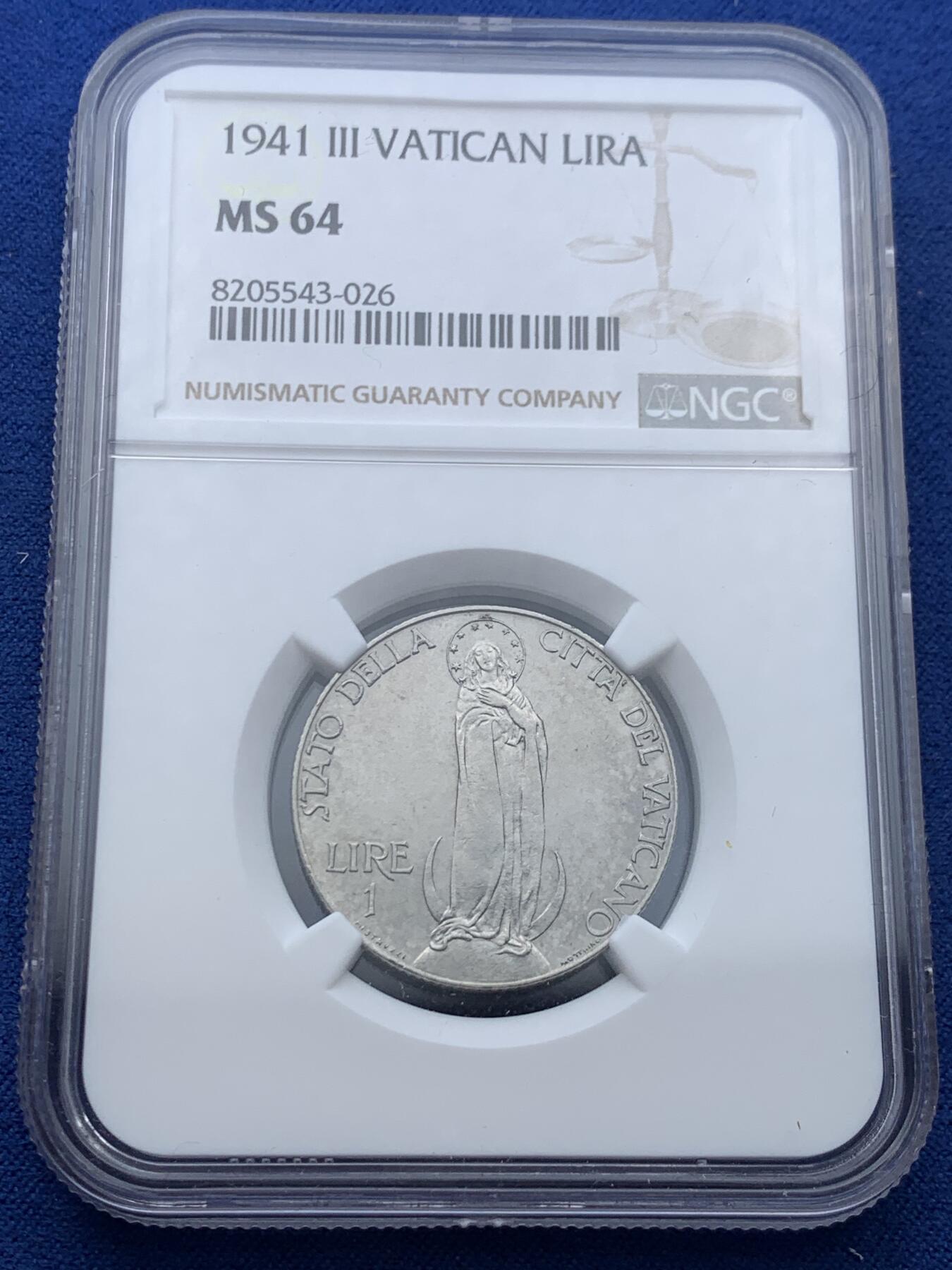 《竞宝斋》第356场 周日，周一  2场连拍 （全场包邮） NGC MS64 梵蒂冈1941年1里拉 两面转光 细节清晰 80多年的东西 保存成这样很不容易了 可藏