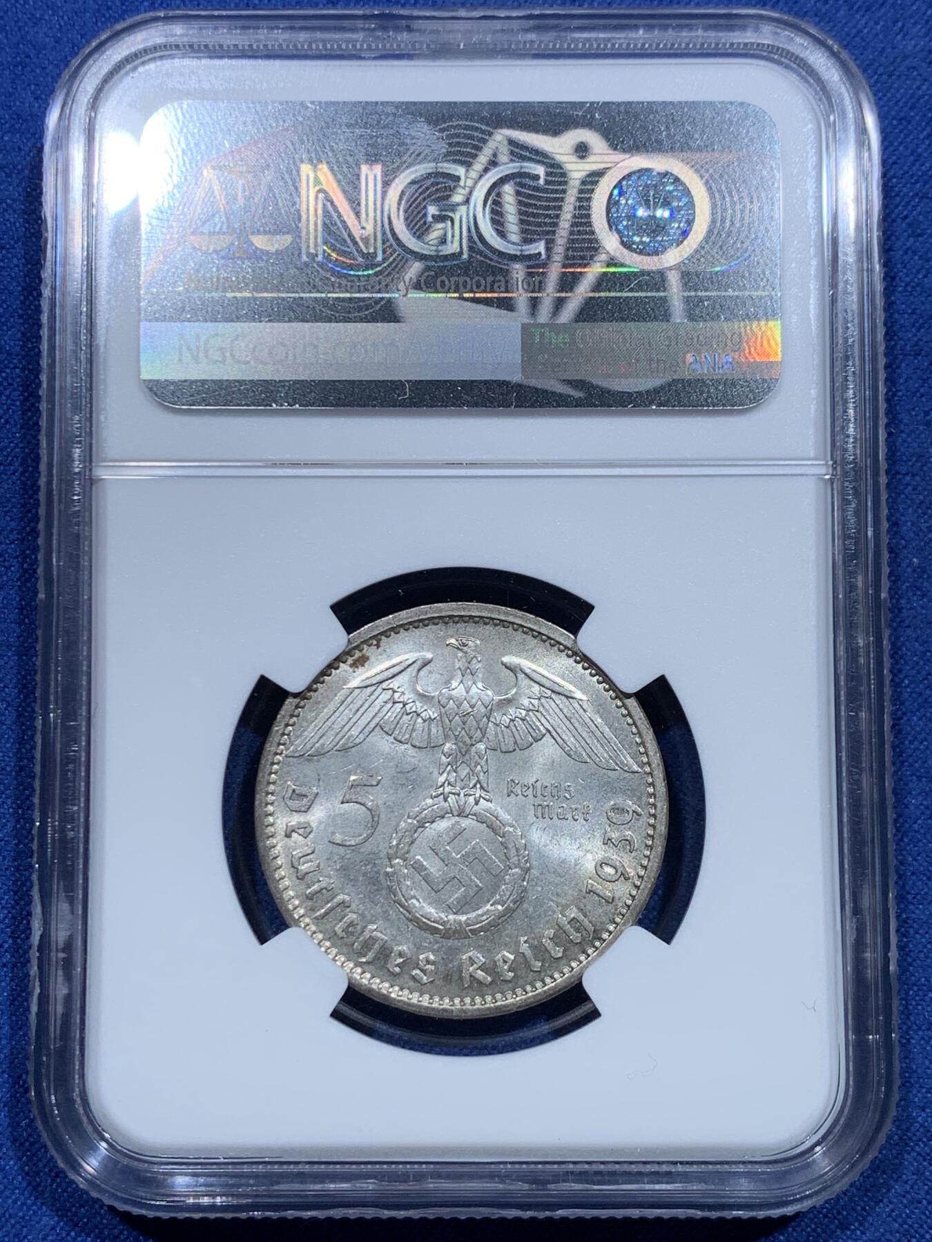 《竞宝斋》第356场 周日，周一  2场连拍 （全场包邮） NGC MS61 德国1939年A版兴登堡5马克银币 人像面霓虹彩 非常漂亮