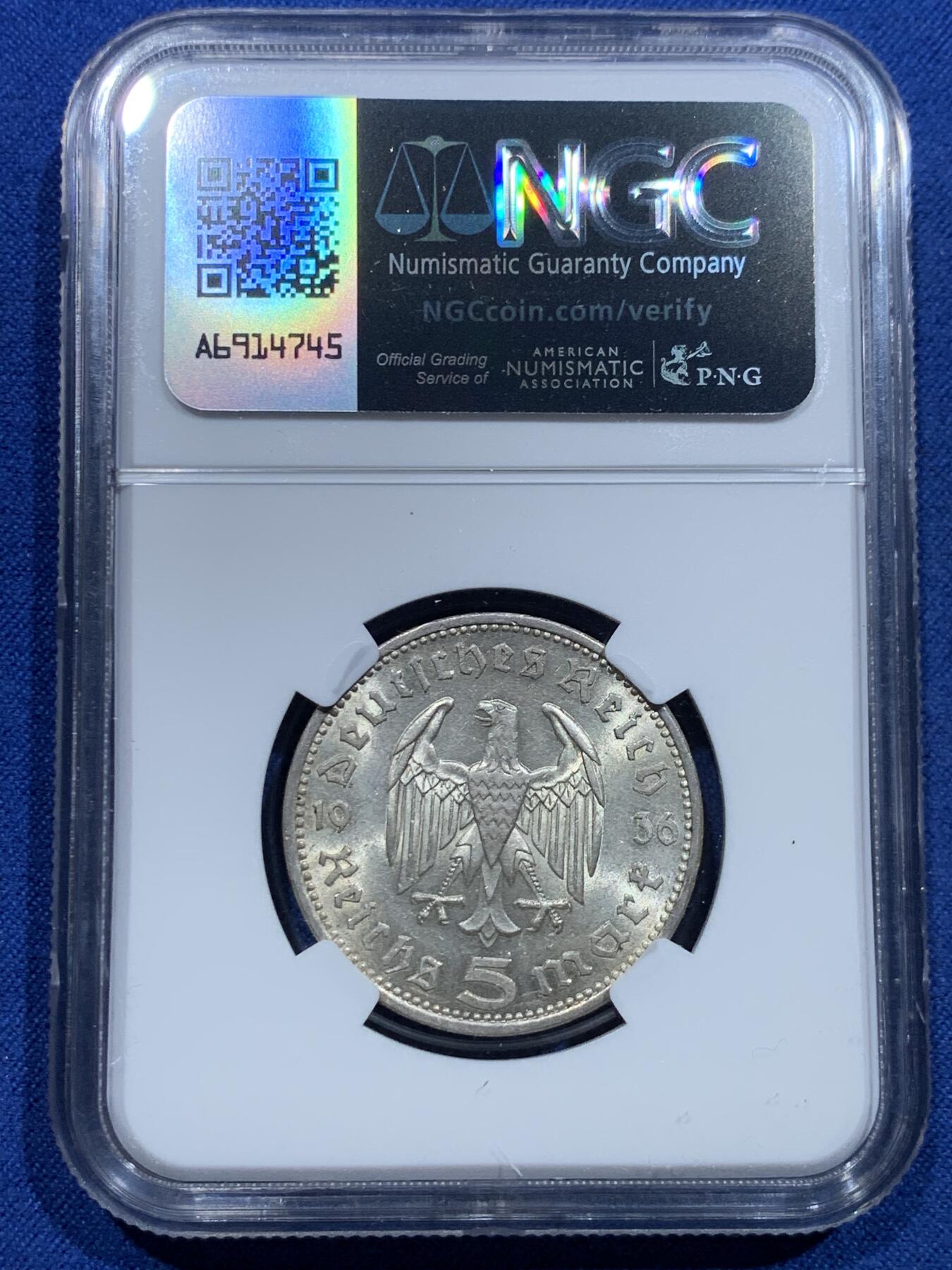 《竞宝斋》第356场 周日，周一  2场连拍 （全场包邮） NGC MS63 德国1936年A版兴登堡5马克 币面清爽干净