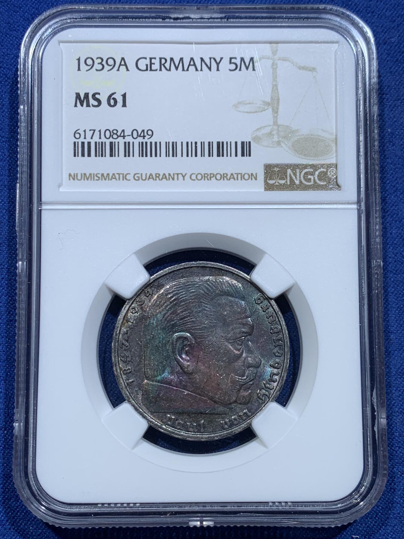 《竞宝斋》第356场 周日，周一  2场连拍 （全场包邮） NGC MS61 德国1939年A版兴登堡5马克银币 人像面霓虹彩 非常漂亮