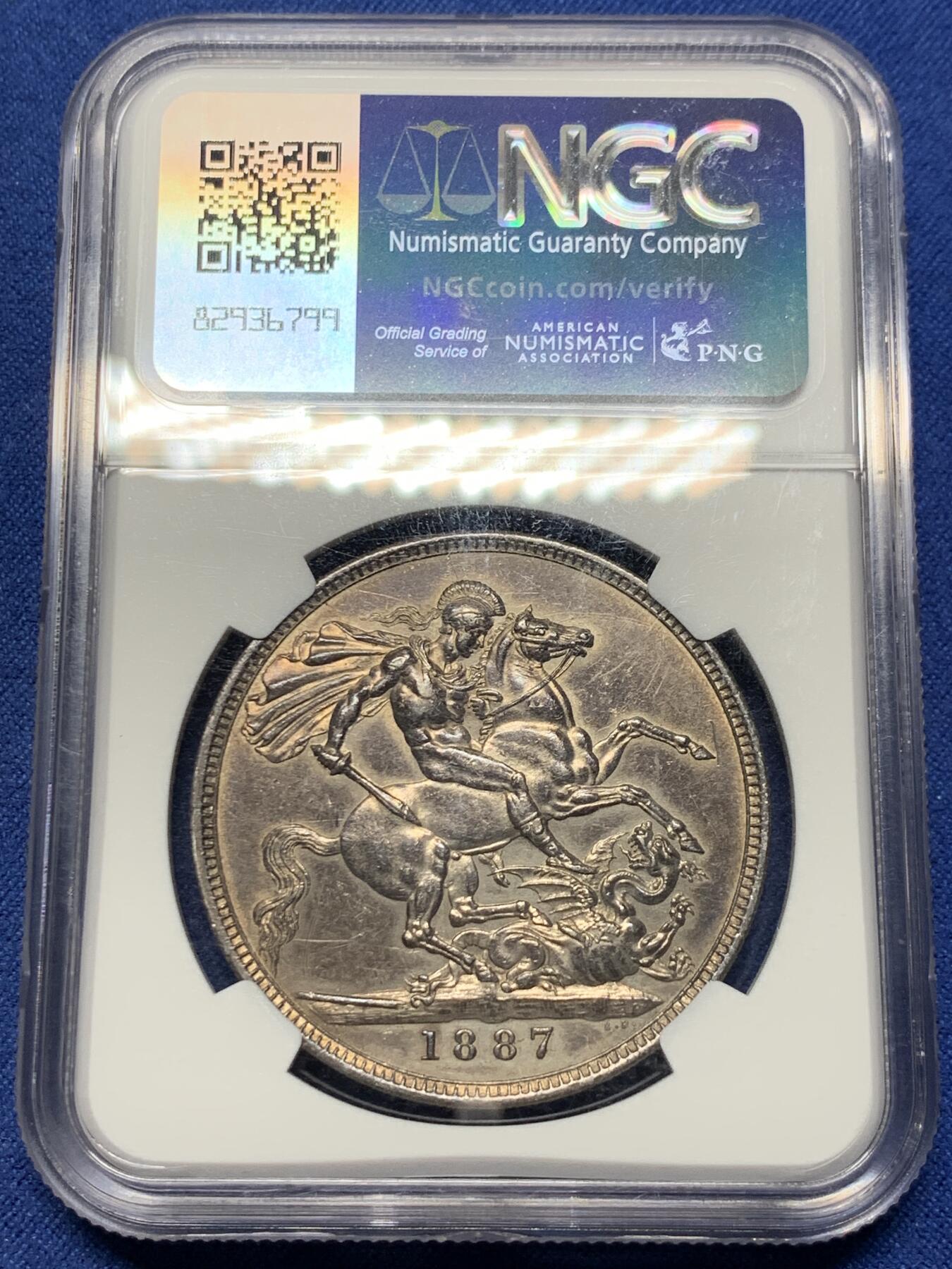 《竞宝斋》第356场 周日，周一  2场连拍 （全场包邮） NGC AUD 英国1887年高冠马剑1克朗银币