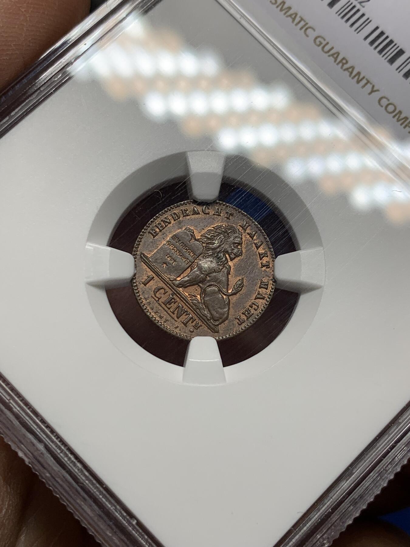 《竞宝斋》第356场 周日，周一  2场连拍 （全场包邮） 冠军分 NGC MS62BN 比利时 1902/1 骑字版 狮子1分 铜币