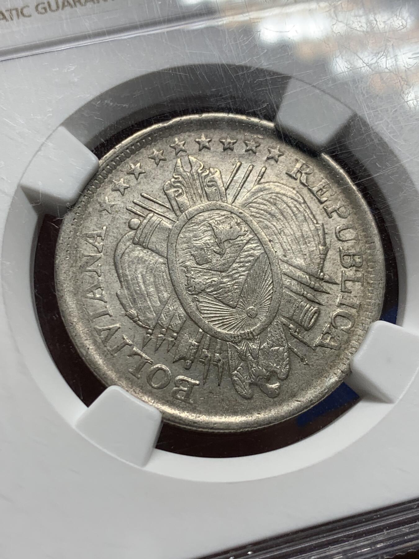 《竞宝斋》第356场 周日，周一  2场连拍 （全场包邮） NGC UNC DETAILS 玻利维亚1898年50分CB版银币