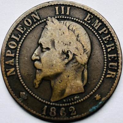 文馨钱币收藏第 225 场，英系铜币，国外回流古钱币场 - 少见极品 1862 年法国拿破仑三世 10 分大铜币 A 版