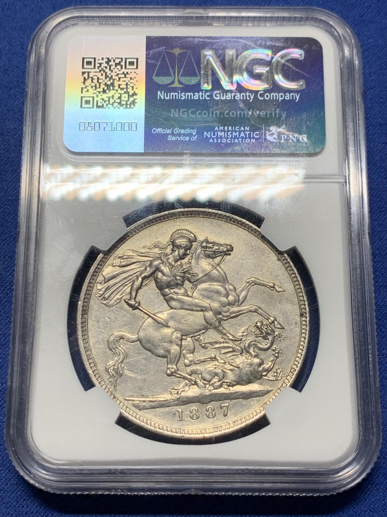 《竞宝斋》第356场 周日，周一  2场连拍 （全场包邮） NGC AUD 英国1887年维多利亚马剑银币，正反面高点俱在，压力感十足。