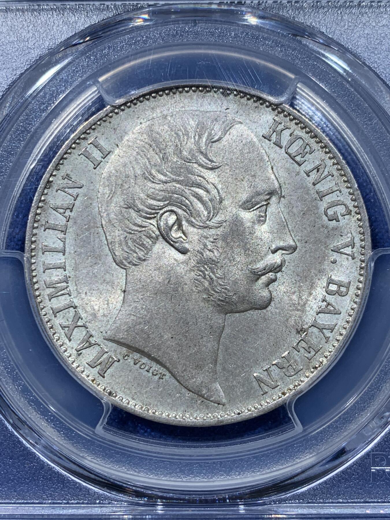 《竞宝斋》第357场 周日，周一  2场连拍 （全场包邮） PCGS MS63 德国1864年巴伐利亚马克西米利安二世 双狮流通1泰勒 发行量最少的年份 封面广告币 淡彩包浆 底板好