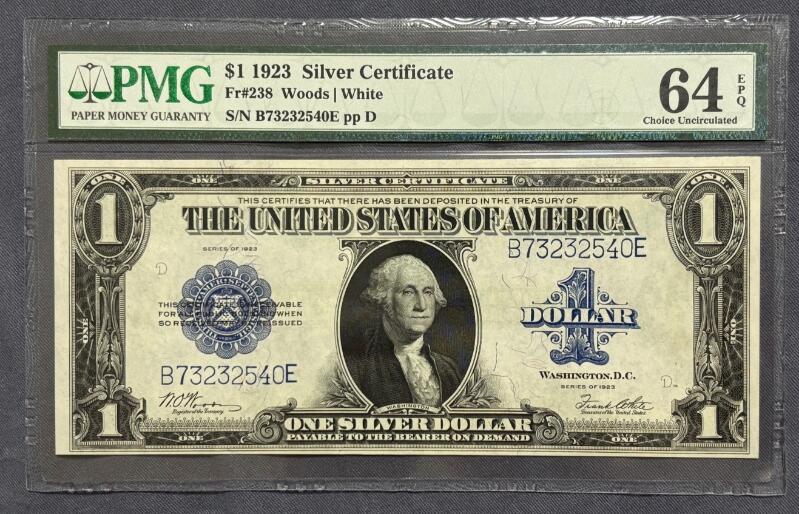 《外钞收藏家》第四百九十一期 1923年 1美元 银币券 Silver Certificate 蓝色号码 Fr#238 稀少券别 大票幅 PMG老壳严评64EPQ