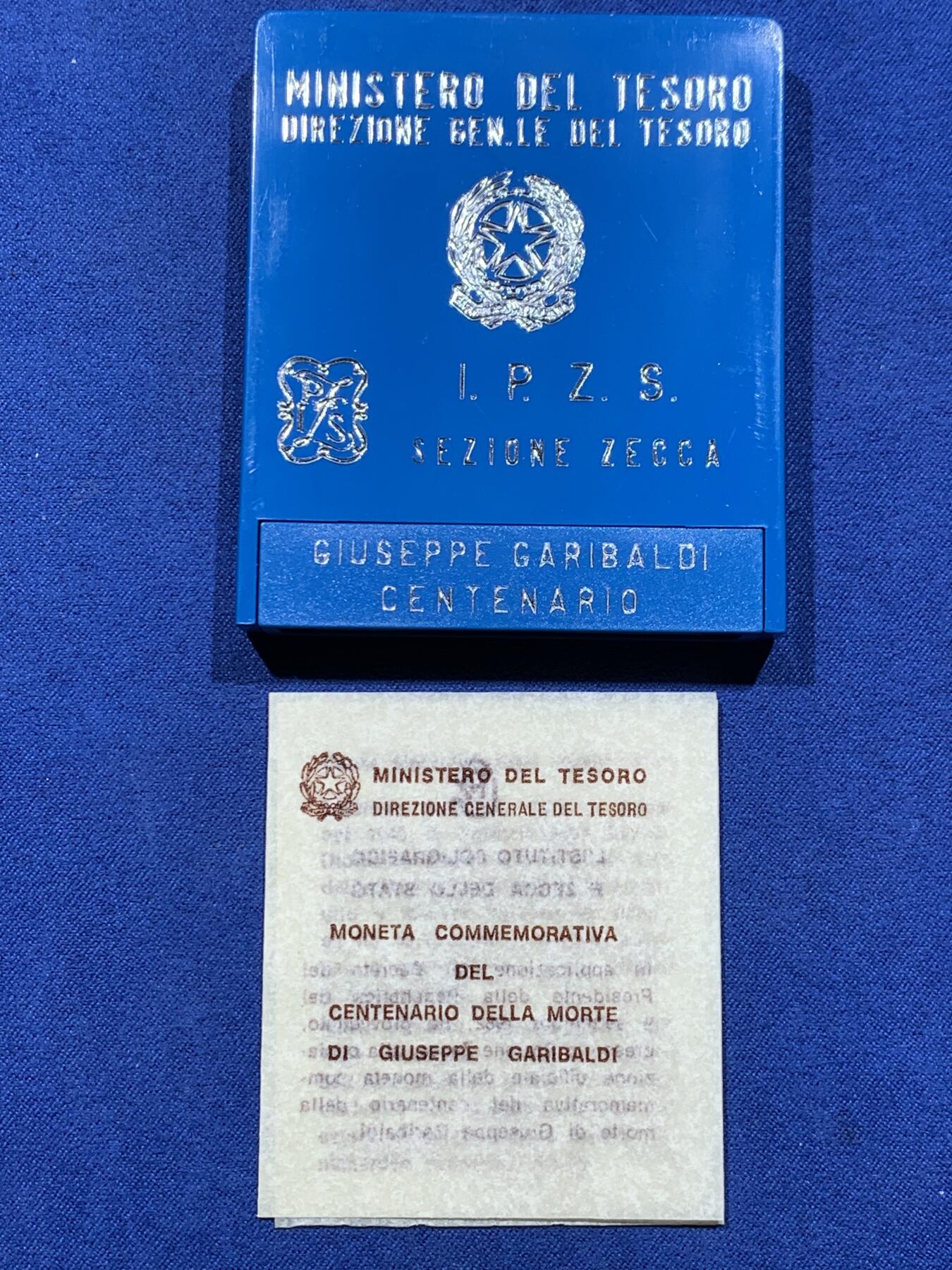 《竞宝斋》第357场 周日，周一  2场连拍 （全场包邮） 意大利1982年副首相朱塞佩•加里波第逝世100周年纪念500里拉银币 带盒证
