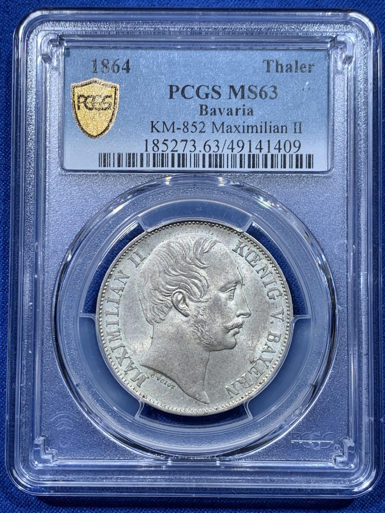 《竞宝斋》第357场 周日，周一  2场连拍 （全场包邮） PCGS MS63 德国1864年巴伐利亚马克西米利安二世 双狮流通1泰勒 发行量最少的年份 封面广告币 淡彩包浆 底板好