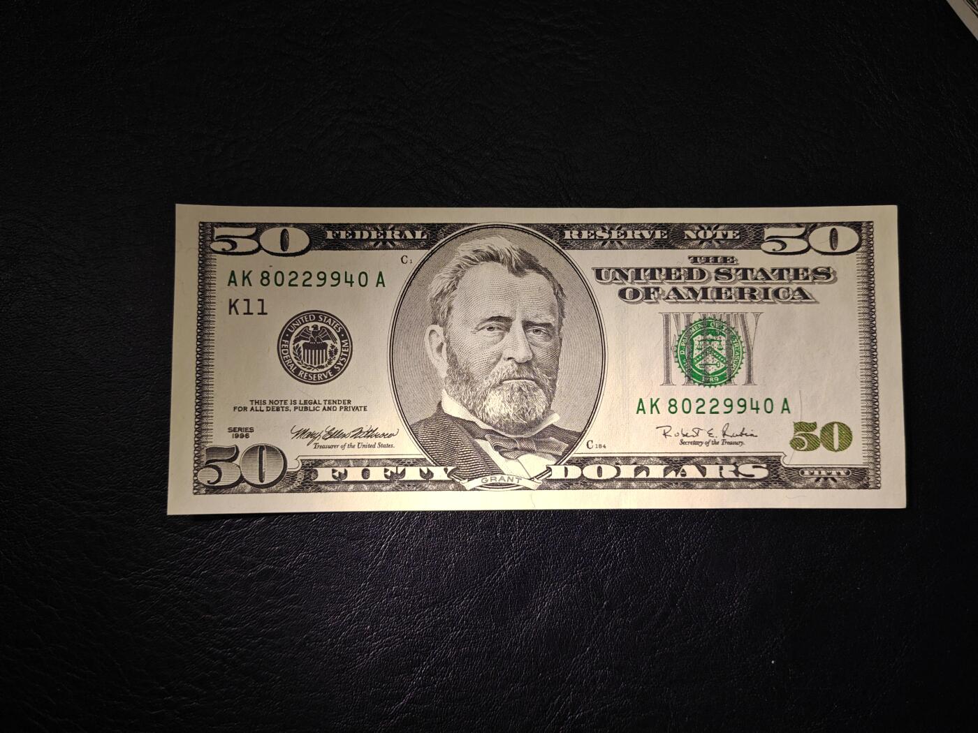 美国纸币 1996年 黑白大头版 50美元 K区首发A冠 全新UNC 美国纸币 1996年 黑白大头版 50美元 K区首发A冠 全新UNC