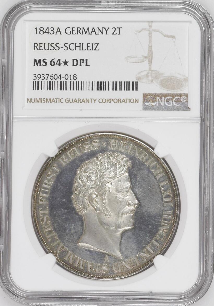 NGC-MS64* DPL 1843-A 罗伊斯-施莱茨2泰勒镜面银币