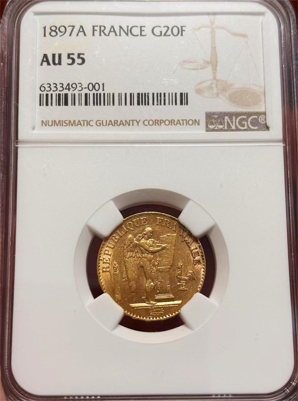 【Blue Auction】✨世界纸币精拍第624期【精】 法国 1897A 20法郎 法国幸运天使金币 6.45克 守护平安的幸运符（在第一次和第二次世界大战期间，许多士兵都携带这种金币以求平安，尤其是在空战中，法国飞行员会佩戴幸运天使金币，以确保能够安全返家）NGC AU55