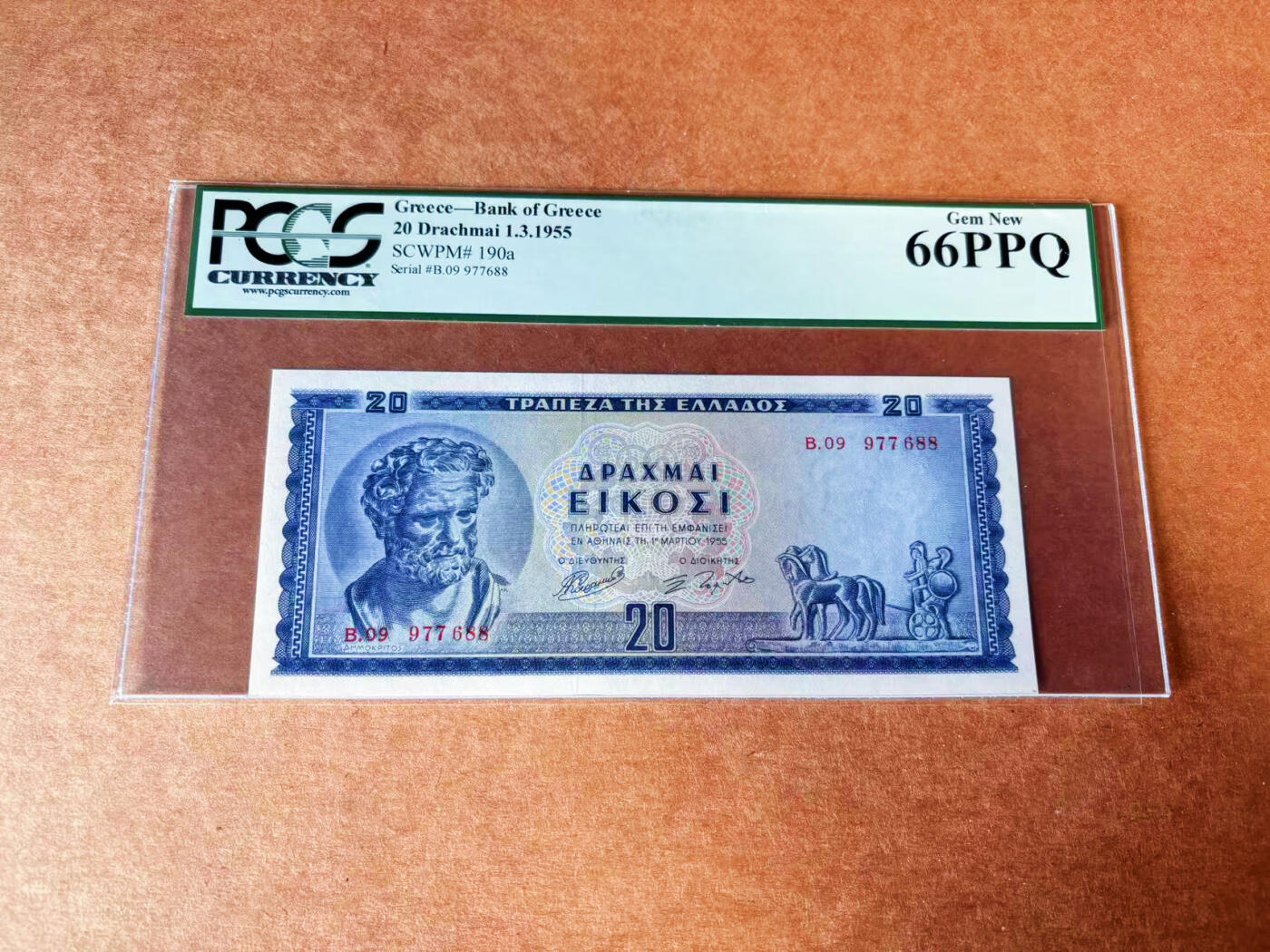 【Blue Auction】✨世界纸币精拍第624期【精】 【升值品种 88尾】希腊 1955年20德拉科马 PCGS66EPQ 古希腊哲学家、原子论唯物主义奠基人德谟克利特 背面描述柏拉图专题学术讨论酒会“symposion”大场景 设计精美