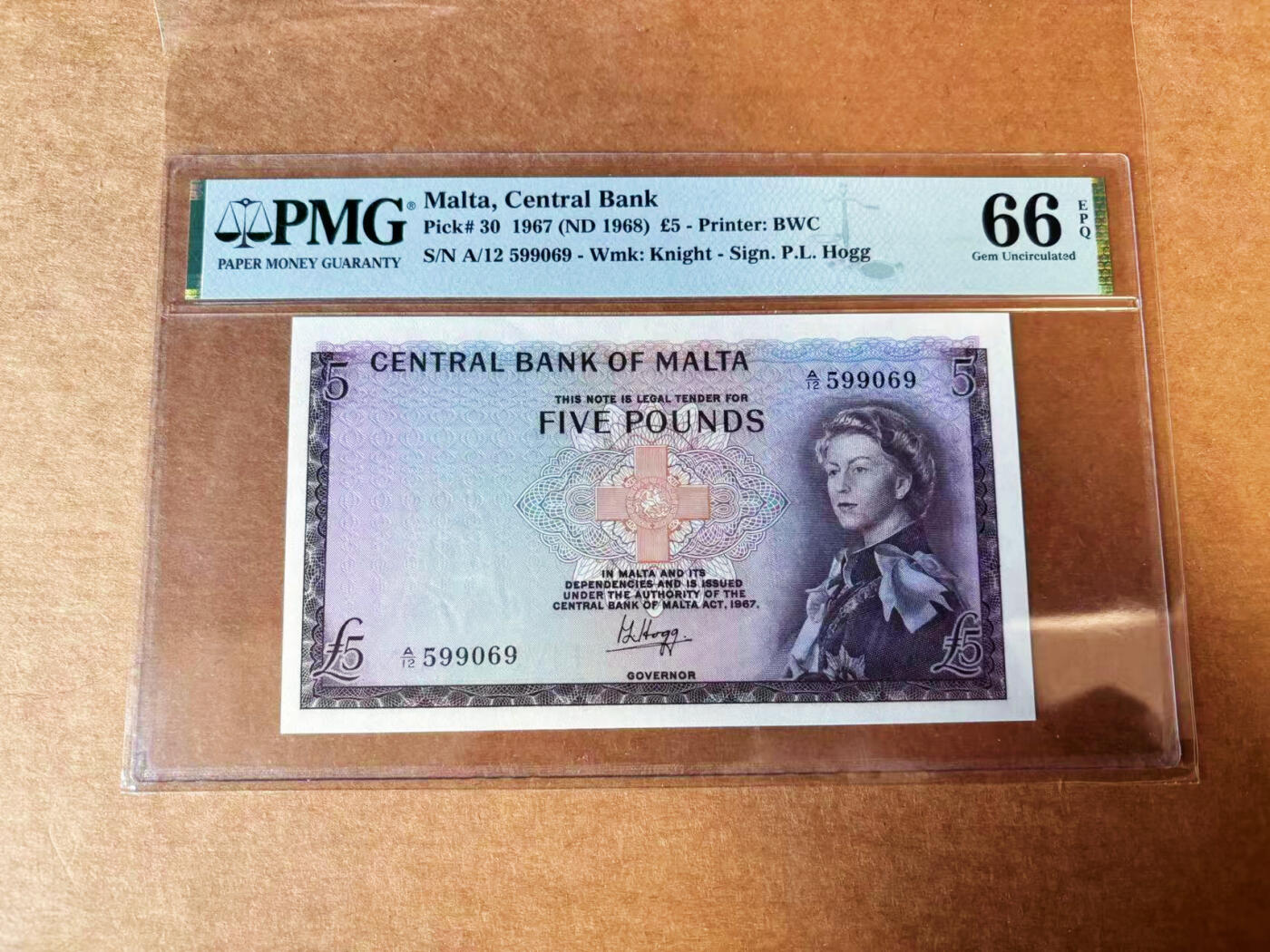 【Blue Auction】✨世界纸币精拍第624期【精】 【无47】马耳他 1967年5镑 BWC出品 戎装女王 PMG66EPQ 背面港口大场景