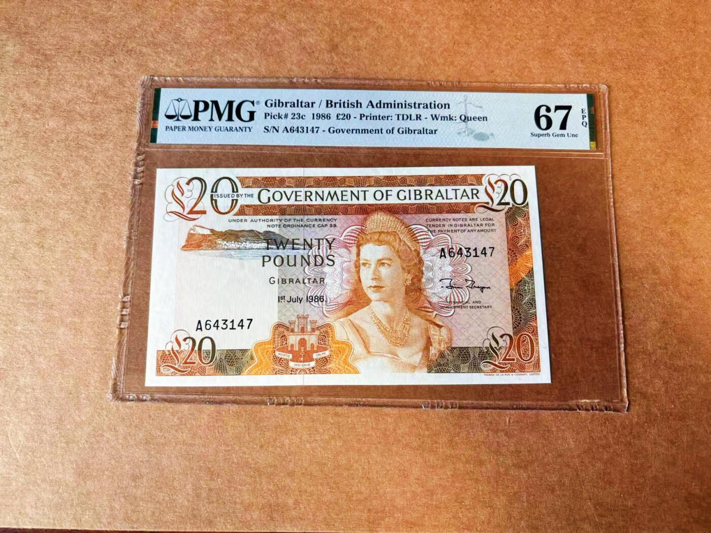 【Blue Auction】✨世界纸币精拍第624期【精】 【仅1张更高分】直布罗陀 1986年20镑 高冠女王 PMG67EPQ 高分 该套筋票面值