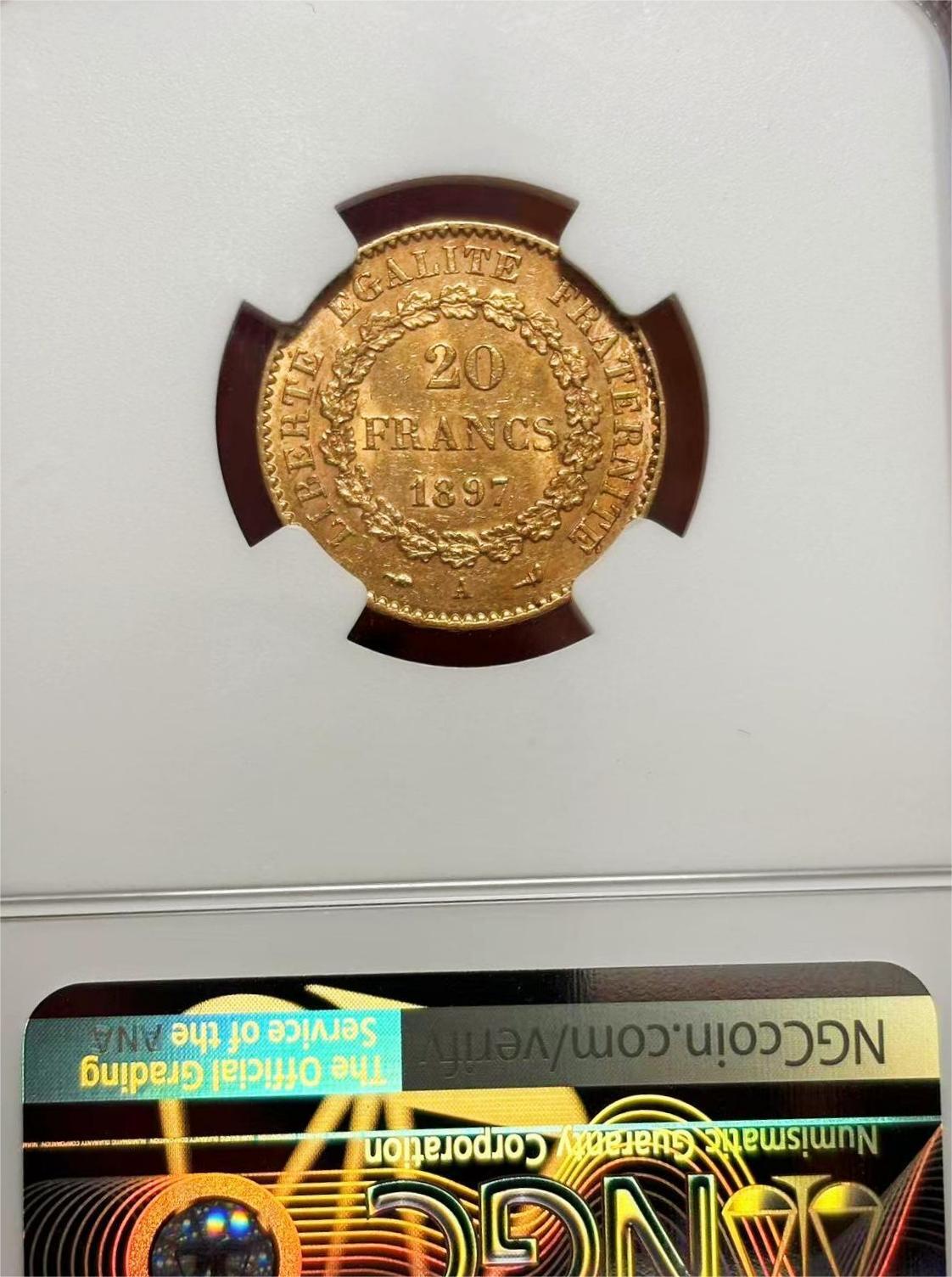【Blue Auction】✨世界纸币精拍第624期【精】 法国 1897A 20法郎 法国幸运天使金币 6.45克 守护平安的幸运符（在第一次和第二次世界大战期间，许多士兵都携带这种金币以求平安，尤其是在空战中，法国飞行员会佩戴幸运天使金币，以确保能够安全返家）NGC AU55
