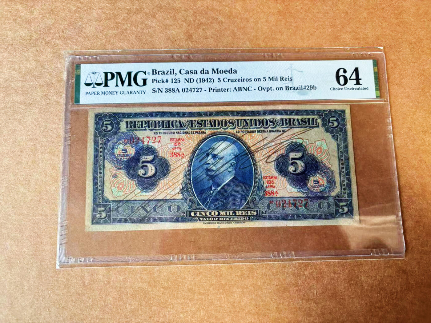 【Blue Auction】✨世界纸币精拍第624期【精】 【手签】巴西 1942年5克鲁塞罗 PMG64 ABNC出品 雕刻精美