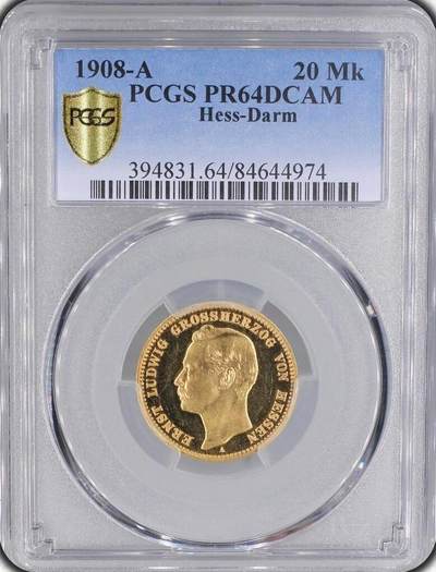 PCGS-PR64DC 1908-A 黑森-达姆施塔特20马克精制金币 - PCGS-PR64DC 1908-A 黑森-达姆施塔特20马克精制金币