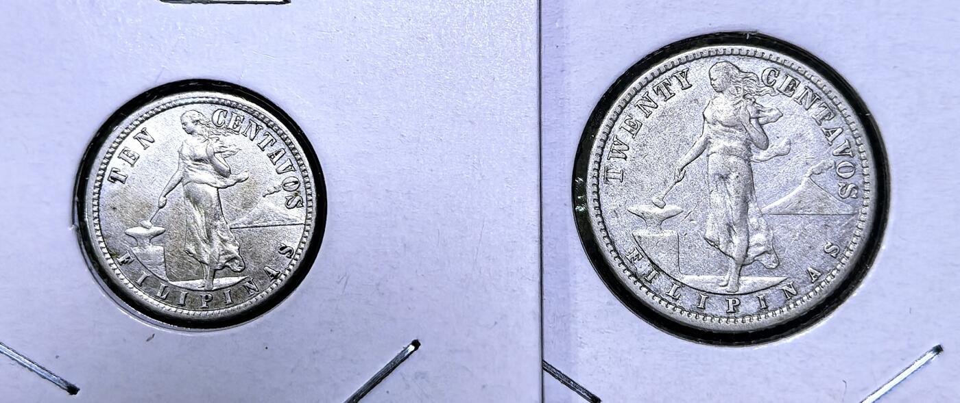北京马甸外国币专卖第135期，外国币专场，陆续上拍，欢迎关注 1907年美属菲律宾20分，10分银币一对