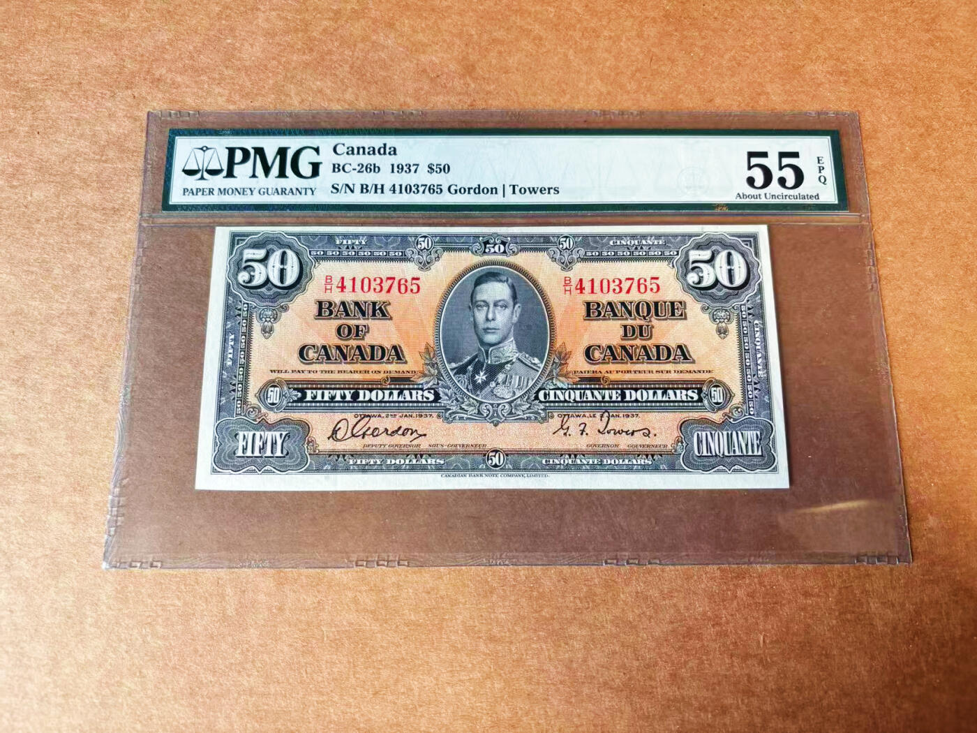 【Blue Auction】✨世界纸币精拍第624期【精】 加拿大 1937年50元 英王乔六 雕刻精美 橘色调很吸引眼球 PMG55EPQ 原票好品 老壳 凑套必备
