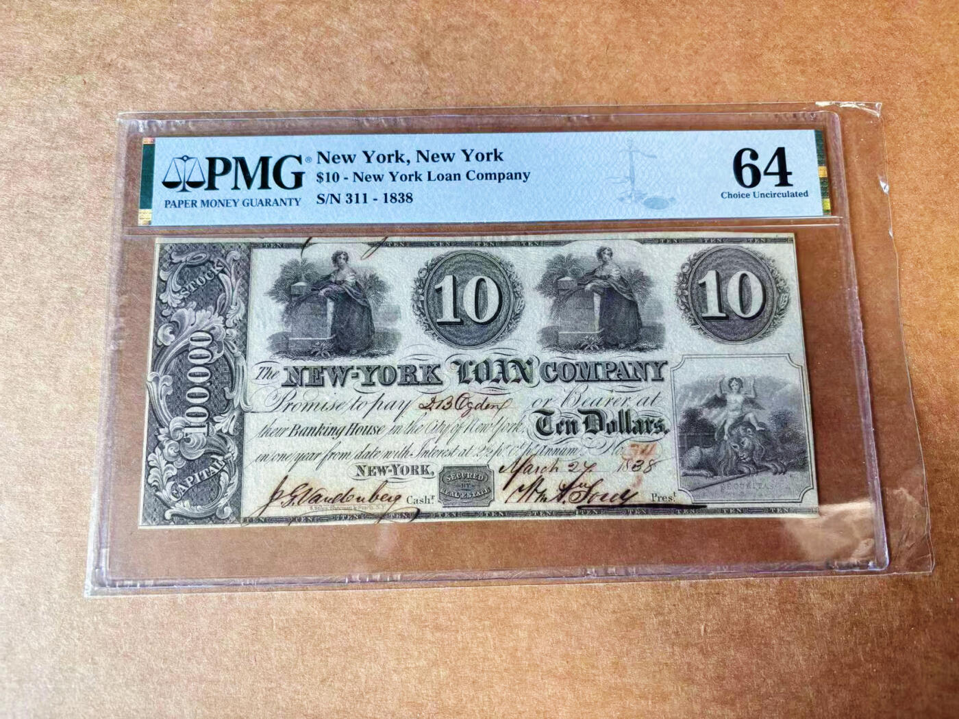 【Blue Auction】✨世界纸币精拍第624期【精】 【311小号 手签实钞】美国 纽约州 1838年 10美金 PMG64 设计精美 女神骑狮