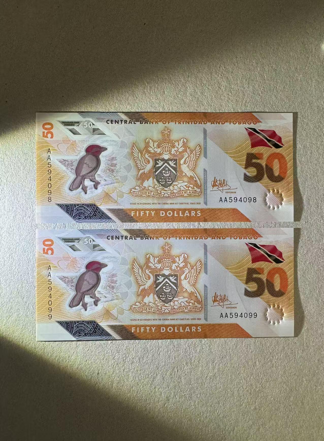【Blue Auction】✨世界纸币精拍第624期【精】 【一组2张AA冠】特立尼达和多巴哥 50元 塑料钞 全新UNC