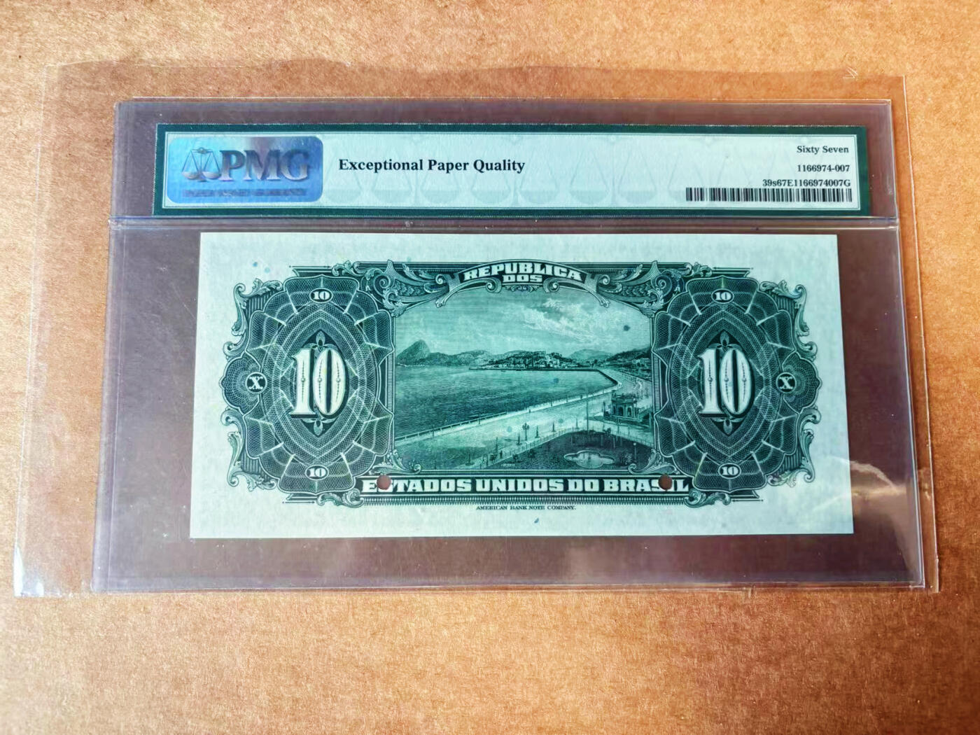 【Blue Auction】✨世界纸币精拍第624期【精】 【冠军分】巴西 早期 1925年10Mil Reis PMG67EPQ 顶级高分 样钞 ABNC出品雕刻精美 人像及背面大场景风景 都非常出众