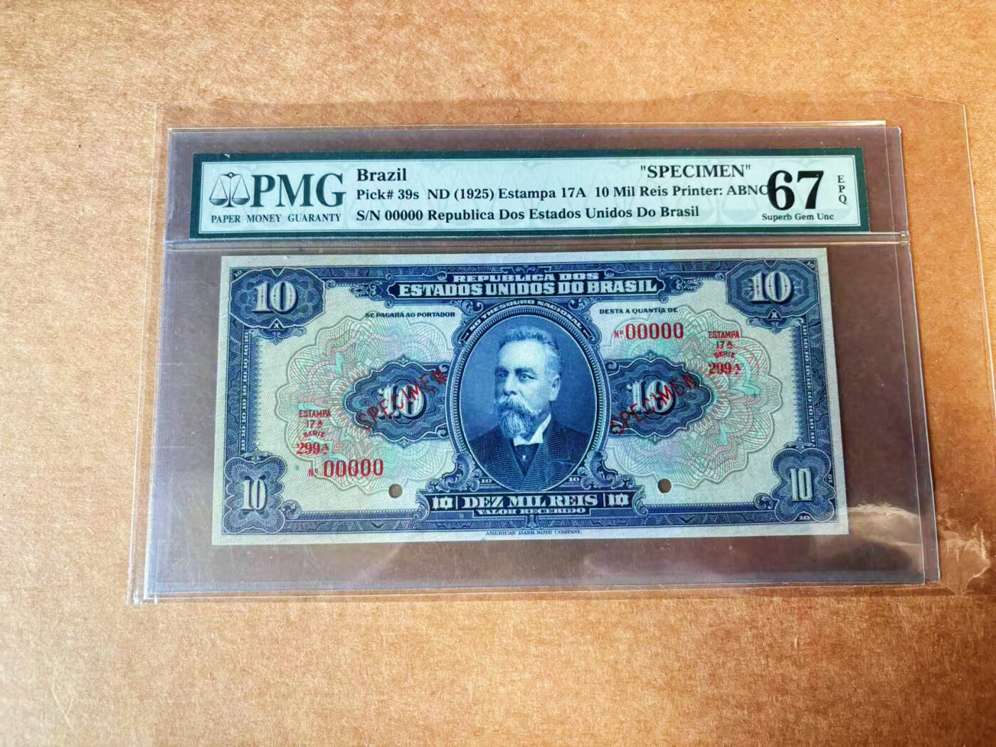 【Blue Auction】✨世界纸币精拍第624期【精】 【冠军分】巴西 早期 1925年10Mil Reis PMG67EPQ 顶级高分 样钞 ABNC出品雕刻精美 人像及背面大场景风景 都非常出众