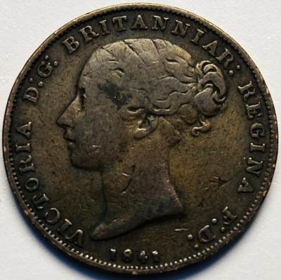文馨钱币收藏第 226 场，英系铜币，国外回流古钱币 - 少见极美品 1841 年英属泽西维多利亚女王单辫子版 1/26 先令古铜币