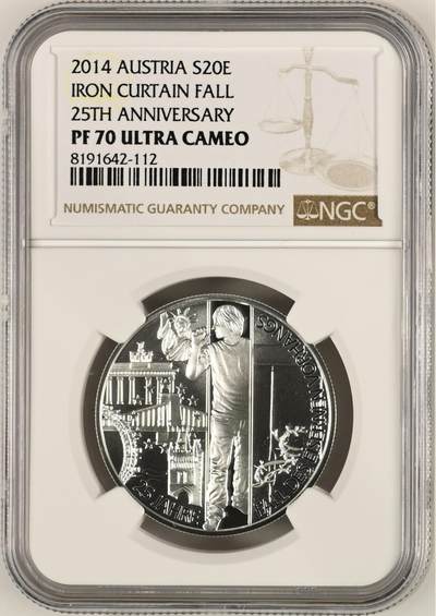 S&S Numismatic世界钱币-拍卖 第114期  - 获奖币*奥地利2014年 柏林墙铁幕倒下25周年 20欧元精制纪念银币 盒证齐全 NGC PF70UC冠军分