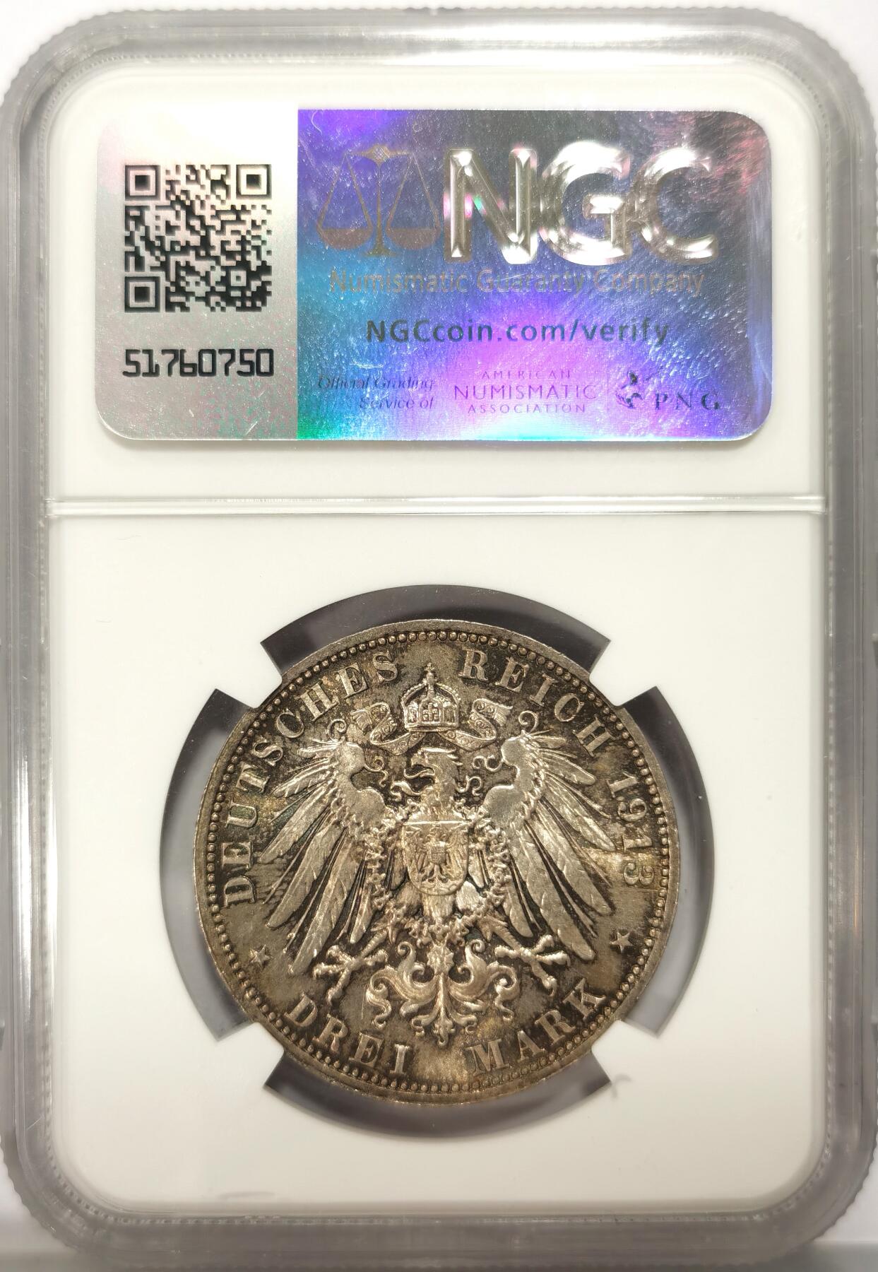 博洋堂“不负春光”二月精品专场暨第112期（全场包邮） NGC MS63 德国萨克森1913年莱比锡建功碑3马克银币，双面五彩包浆，背面的绿金彩很少见。