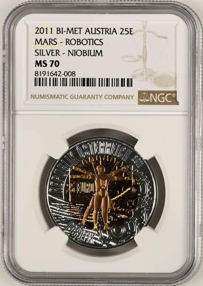 S&S Numismatic世界钱币-拍卖 第114期  - 获奖币*奥地利2011年 机器人火星科技 25欧元银+铌双色纪念币盒证齐全，NGC MS70冠军分