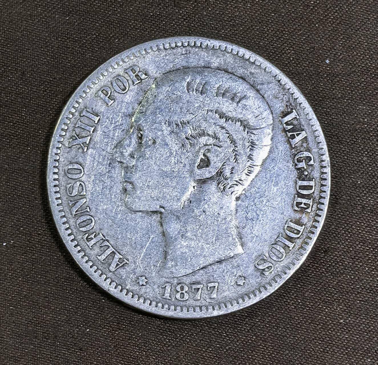 北京马甸外国币专卖第135期，外国币专场，陆续上拍，欢迎关注 1877年西班牙5比塞塔银币