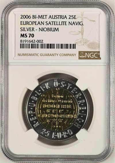 S&S Numismatic世界钱币-拍卖 第114期  - 奥地利2006年 欧洲卫星导航 25欧元银+铌双色纪念币盒证齐全 NGC MS70冠军分