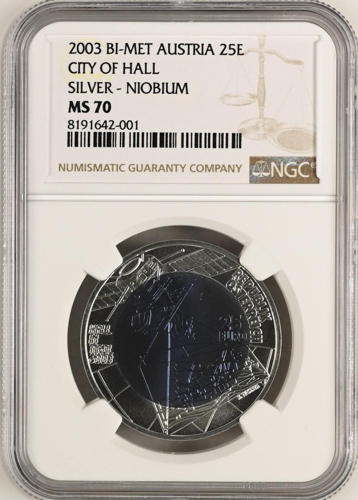 S&S Numismatic世界钱币-拍卖 第114期  奥地利2003年 蒂罗尔市政厅700周年 25欧元银+铌双色纪念币盒证齐全，NGC MS70冠军分