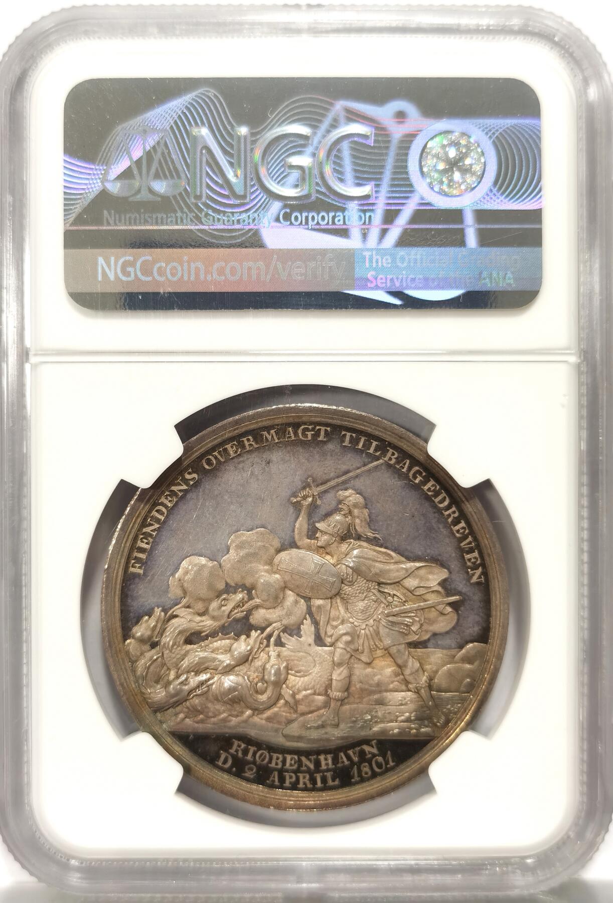博洋堂“不负春光”二月精品专场暨第112期（全场包邮） NGC MS65 1801年丹麦哥本哈根海战银章，loos作品，经典勇士屠龙，底光充沛，冠军分数