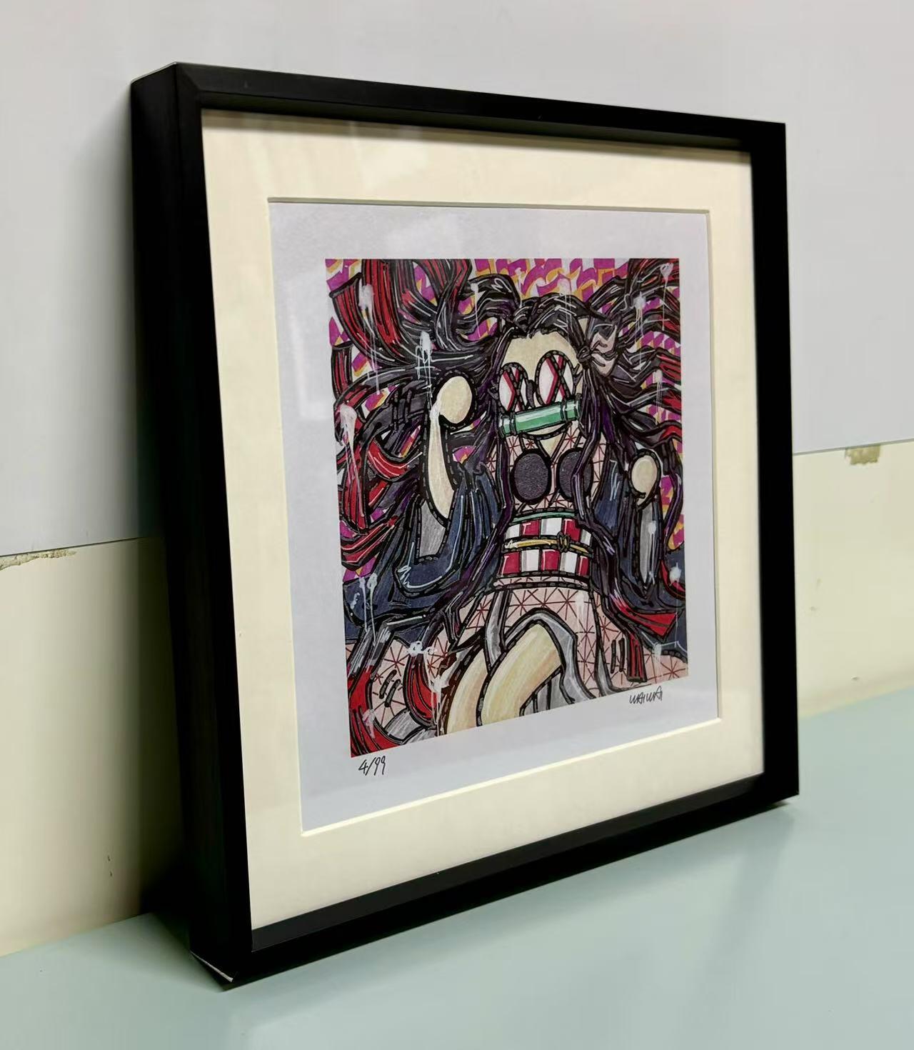 零元拍：歪歪亲笔签名 OWSON 系列作品装饰画《鬼灭之刃弥豆子》，已做装裱 合金相框尺寸25/25CM。因展品出展，镜框或亚克力可能有轻微划痕，介意勿拍