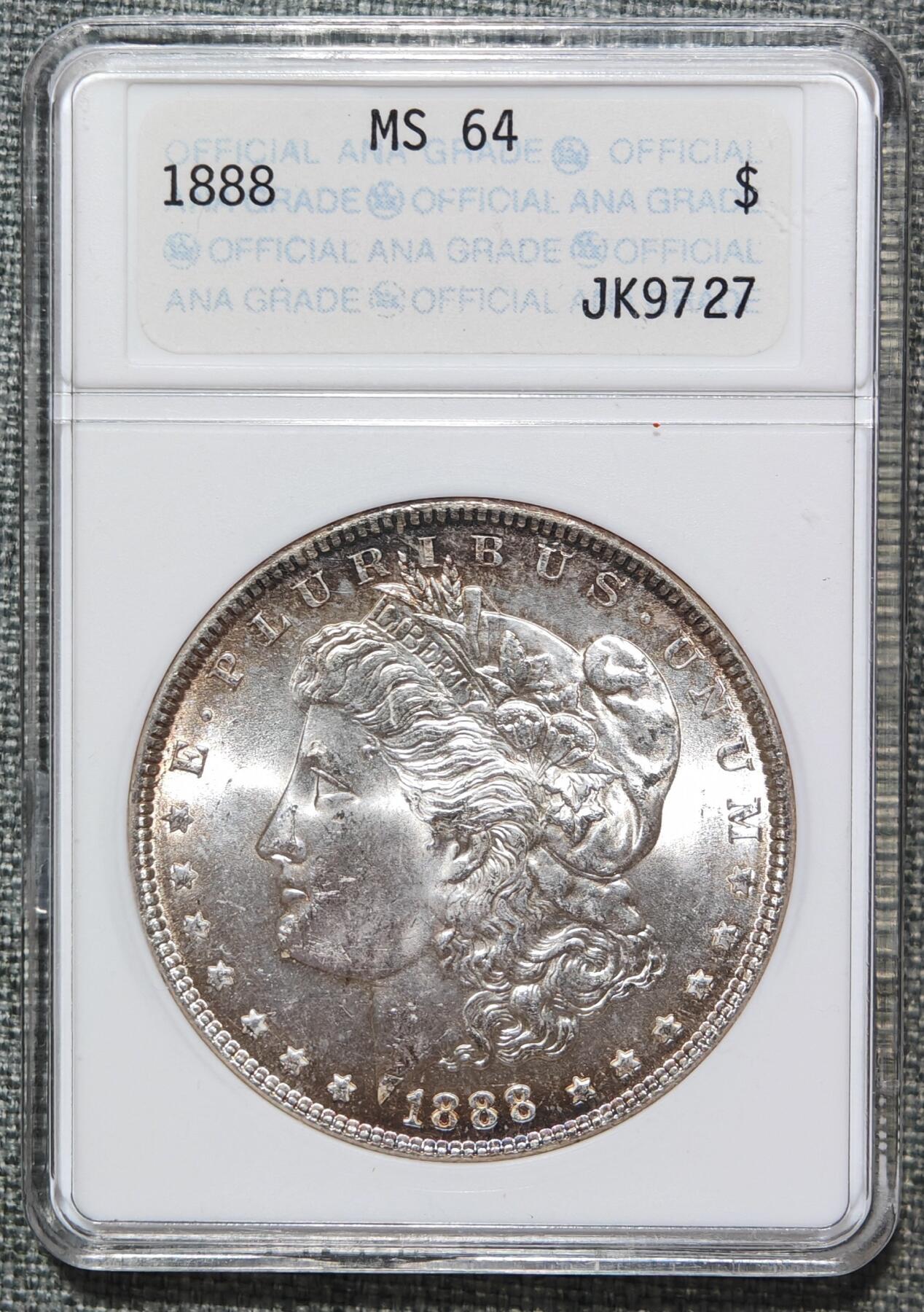 “银华永恒·摩根之光”  甄臻铺-摩根专场（第6期） ANACS-MS64 1888年摩根，国内罕见早期ANACS小白盒，麦稀奇首见4位数编码盒子！上世纪90年代左右的盒子，盒子本身就是收藏品！老盒子配顶级环彩包浆，可遇不可求！