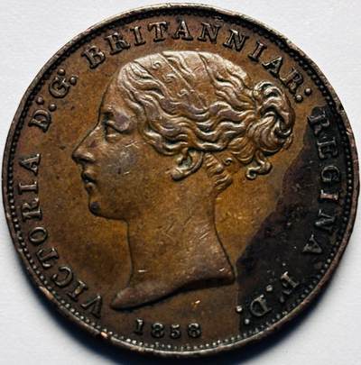 文馨钱币收藏第 226 场，英系铜币，国外回流古钱币 - 少见极美品 1858 年英属泽西维多利亚女王单辫子版 1/26 先令古铜币
