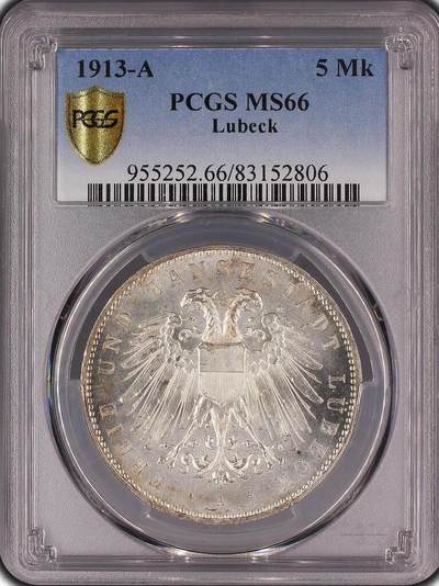 PCGS-MS66 1913-A 德国吕贝克5马克银币 - PCGS-MS66 1913-A 德国吕贝克5马克银币