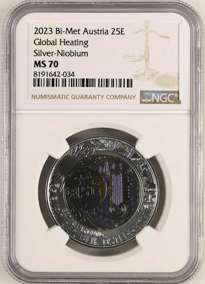 S&S Numismatic世界钱币-拍卖 第114期  - 奥地利2023年 全球气候变暖 25欧元银+铌双色纪念币 NGC MS70冠军分，盒证齐全