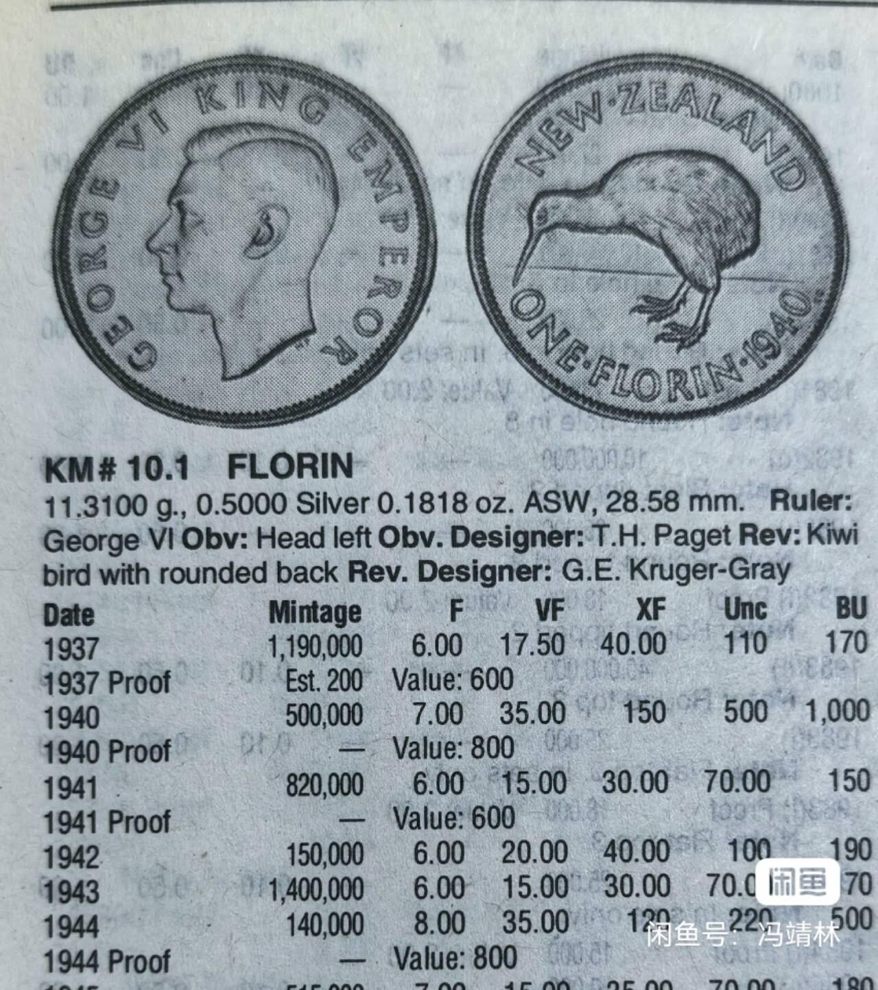 北京马甸外国币专卖第135期，外国币专场，陆续上拍，欢迎关注 非常稀少年份1940年克劳斯目录标价很高（如图）新西兰1福林银币