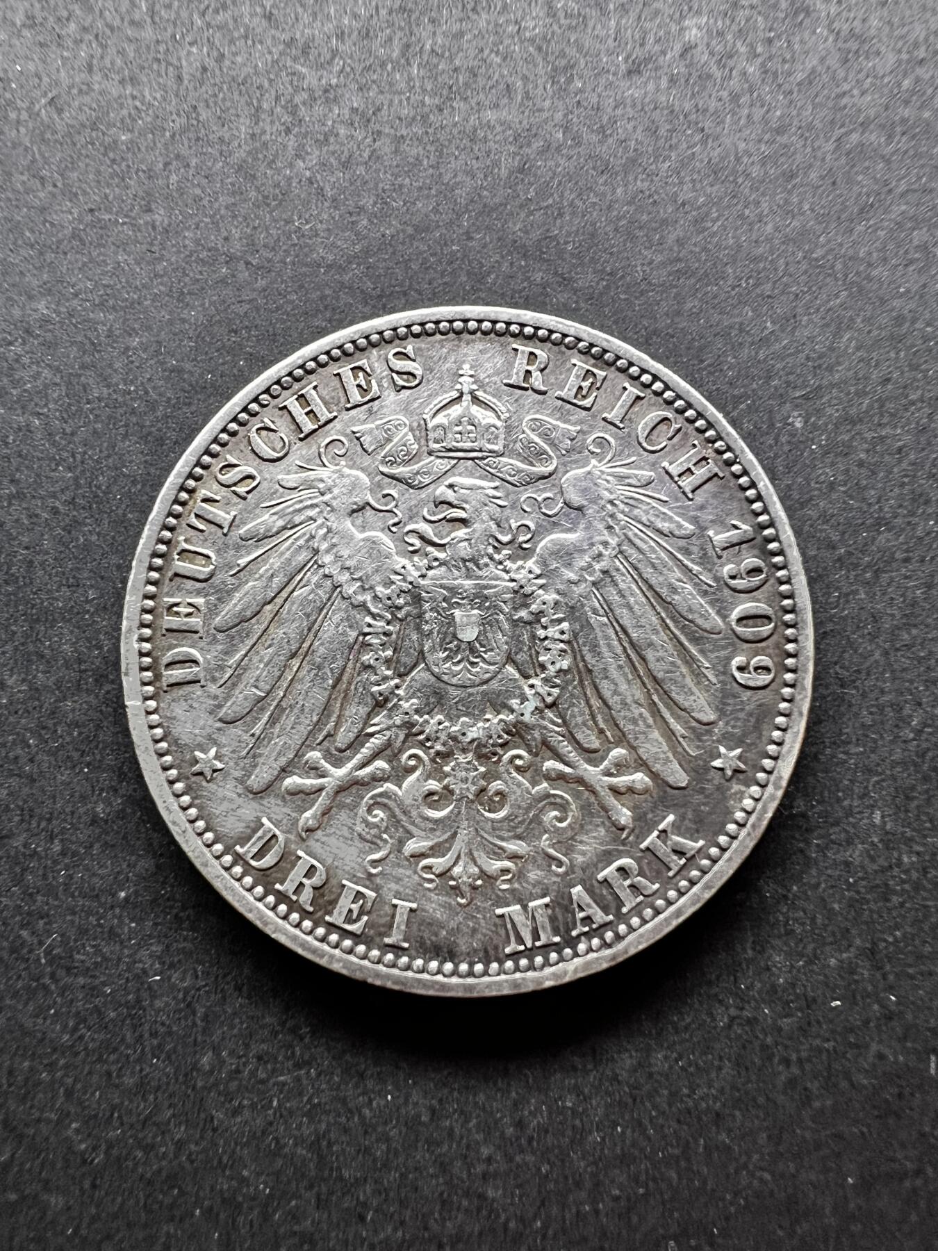 聚福钱庄★世界钱币第二期 全场包邮 欢迎参拍 德国1909年威廉二世3马克银币