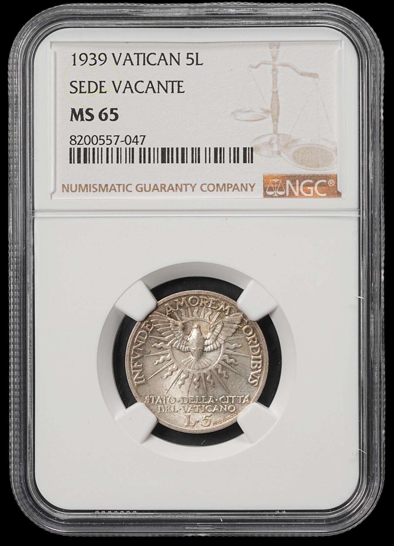 修遠堂世界钱币第五十九期 NGC MS65 1939年梵蒂冈教皇缺位5里拉银币 五彩包浆 仅铸造4万枚